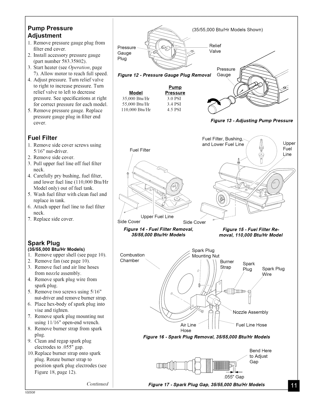 Sears 583.3565, 583.35683, 583.35682 Pump Pressure Adjustment, Fuel Filter, Spark Plug, 35/55,000 Btu/Hr Models, Pump Model 