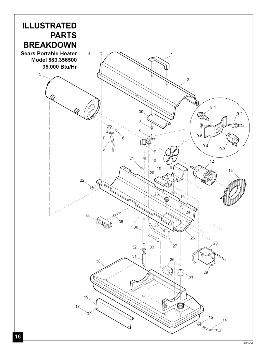 Sears 583.35682, 583.35683, 583.3565 owner manual Illustrated Parts Breakdown, Sears Portable Heater Model 35,000 Btu/Hr 