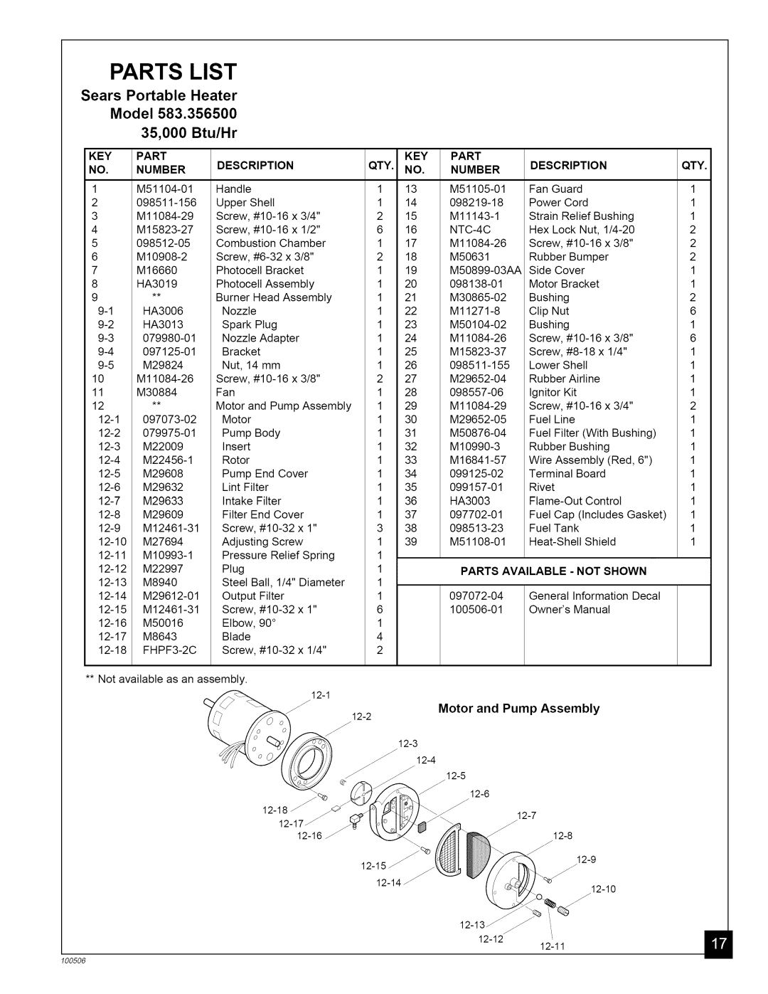 Sears 583.3565 Parts List, Motor and Pump Assembly, NO. Number, KEY Part Description QTY Number, Parts Available Not Shown 