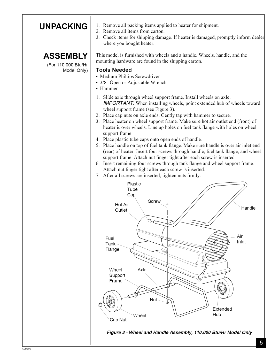 Sears 583.3565, 583.35683, 583.35682 owner manual Unpacking Assembly, For 110,000 Btu/Hr Model Only 