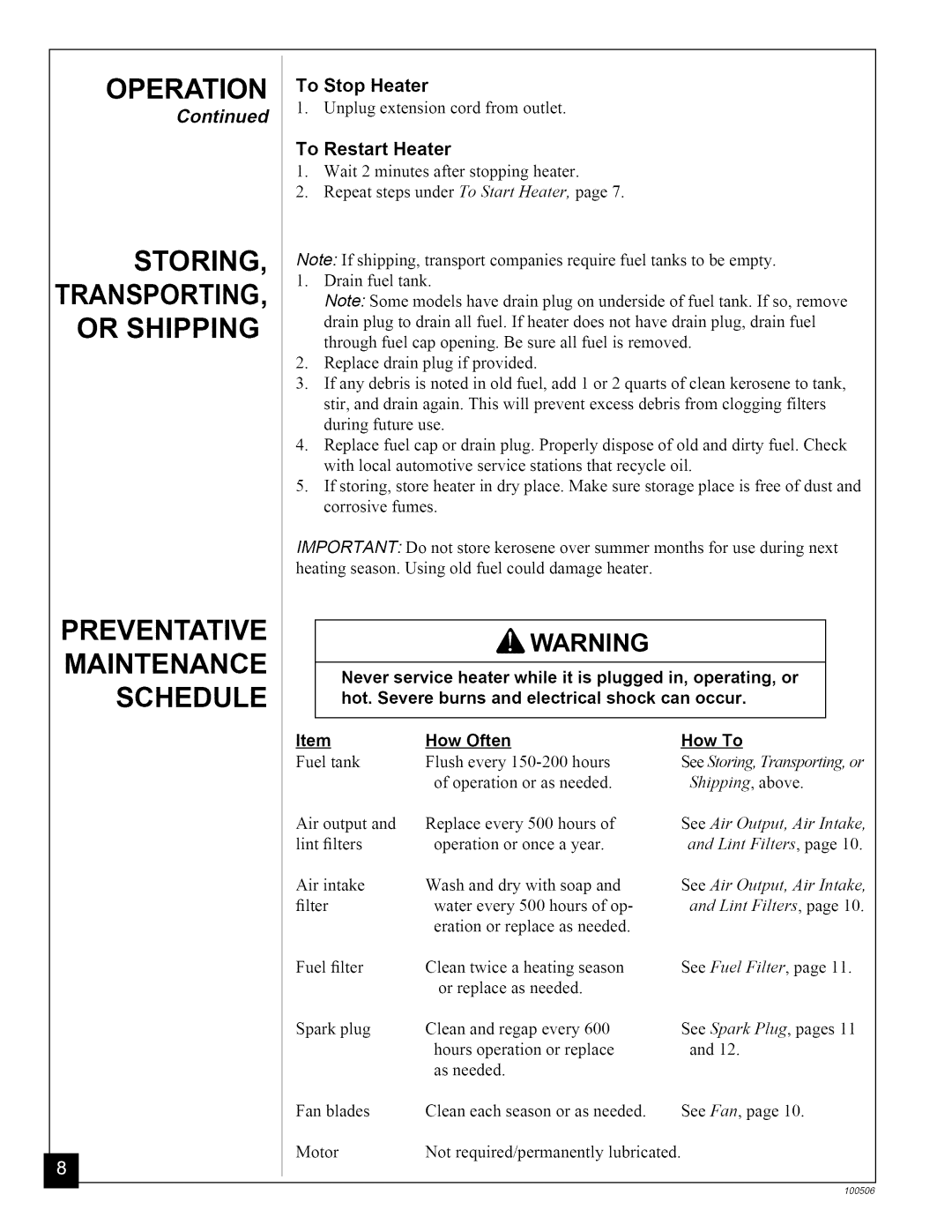 Sears 583.3565 Storing TRANSPORTING, or Shipping, Preventative Maintenance Schedule, Operation To Stop Heater, How To 