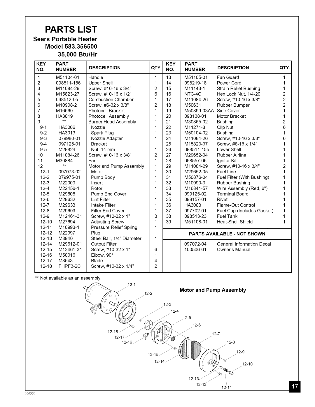 Sears 583.3565 Parts List, Motor and Pump Assembly, Sears Portable Heater Model 35,000 Btu/Hr, No. Number, Description 