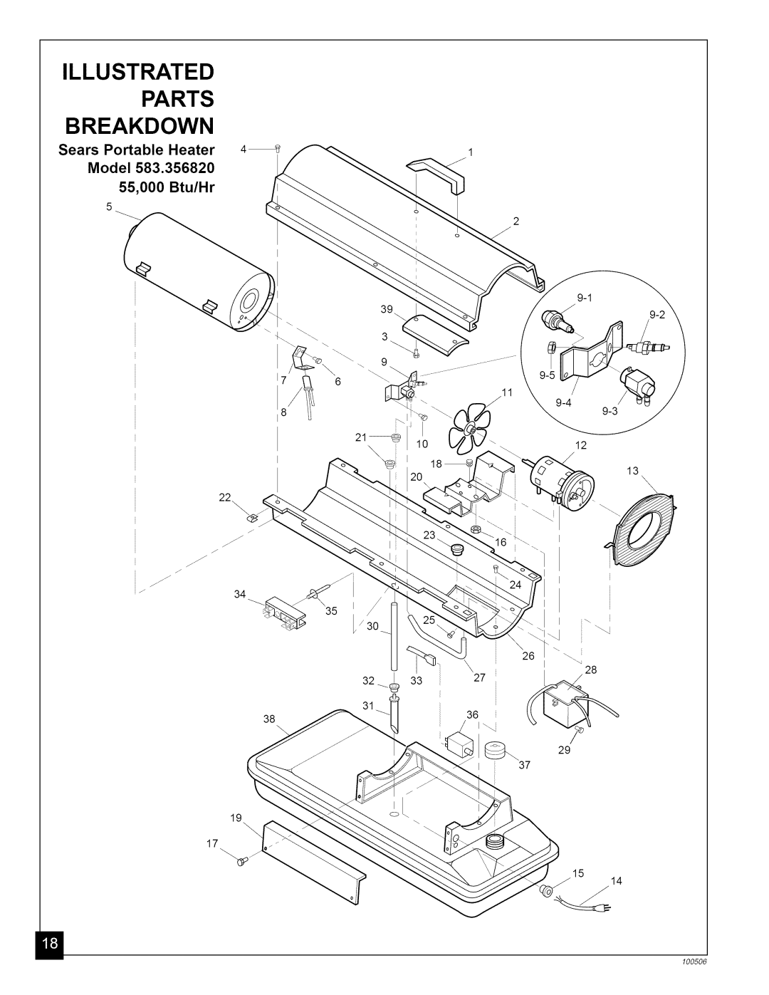 Sears 583.35683, 583.35682, 583.3565 Sears Portable Heater Model 55,000 Btu/Hr, Illustrated Parts Breakdown, 3836, 10050d 