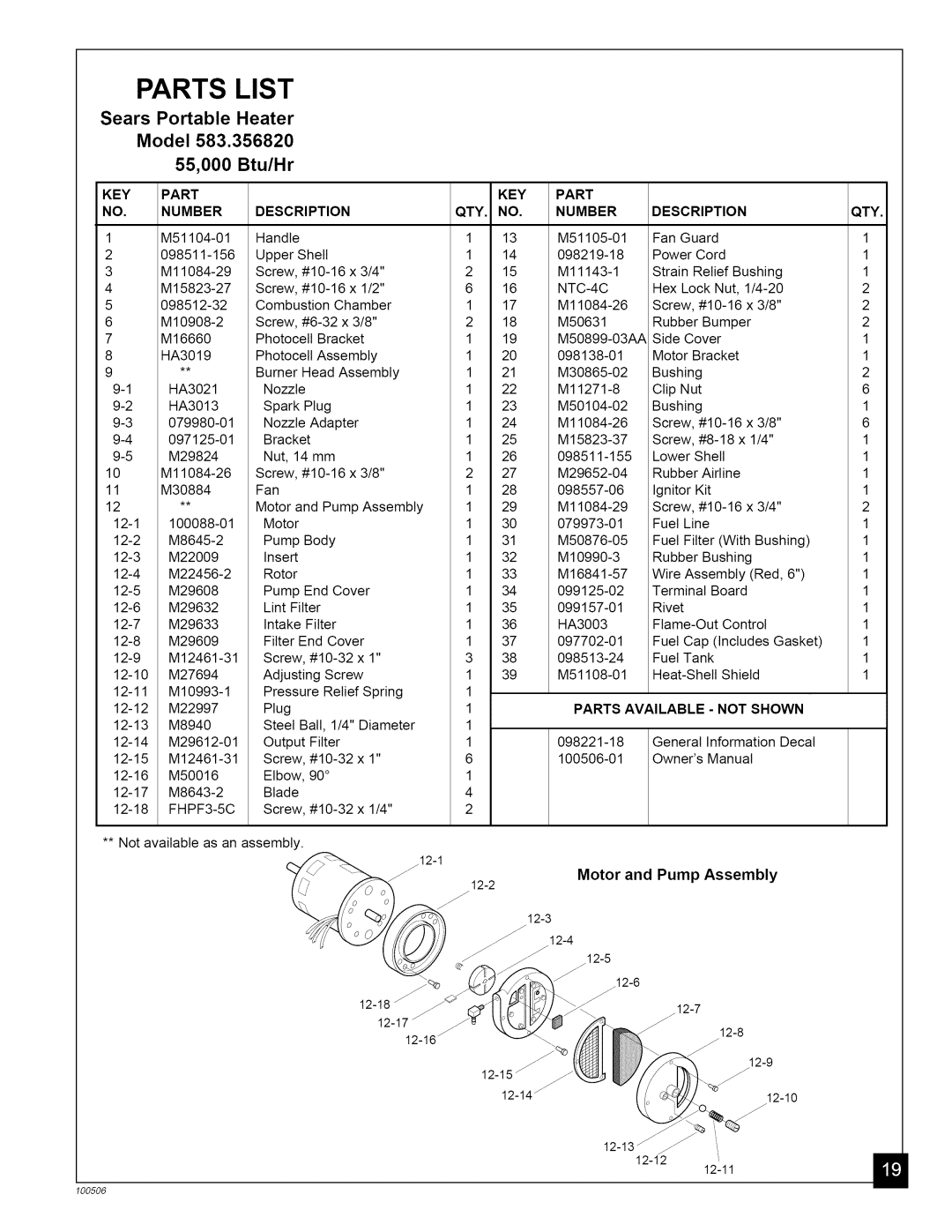 Sears 583.35682 Parts List, Sears Portable Heater Model 55,000 Btu/Hr, Motor and Pump Assembly, Key Part No. Number 