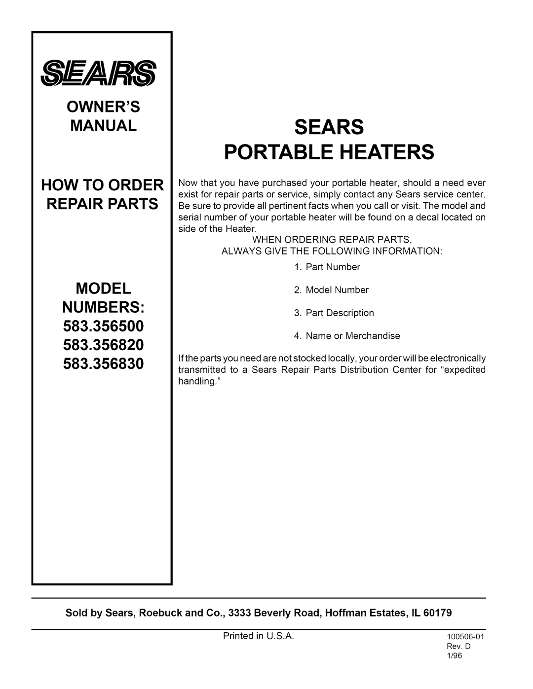 Sears Owners Manual, HOW TO ORDER REPAIR PARTS MODEL NUMBERS 583.356500 583.356820, 583.356830, Sold by Sears, Roebuck 