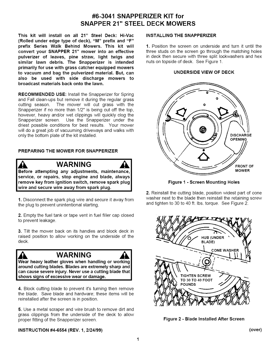 Sears 6-3041 manual Snapper 21 Steel Deck Mowers, Installing the Snapperizer, Underside View of Deck 