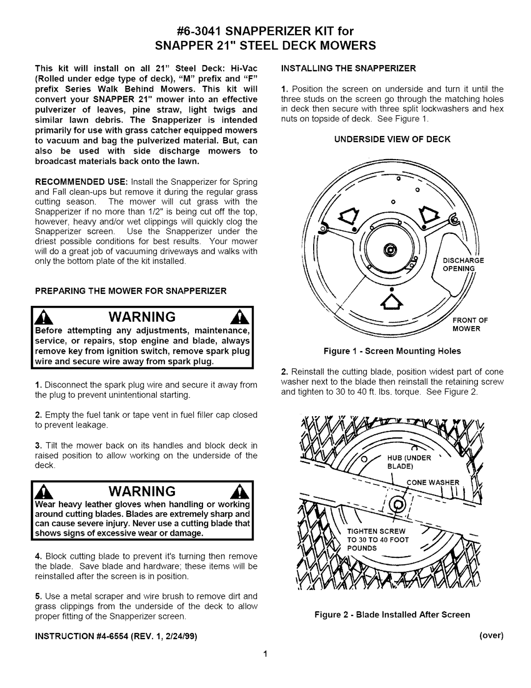 Sears manual #6-3041SNAPPERIZER KIT for, SNAPPER 21 STEEL DECK MOWERS, Warning Ai 