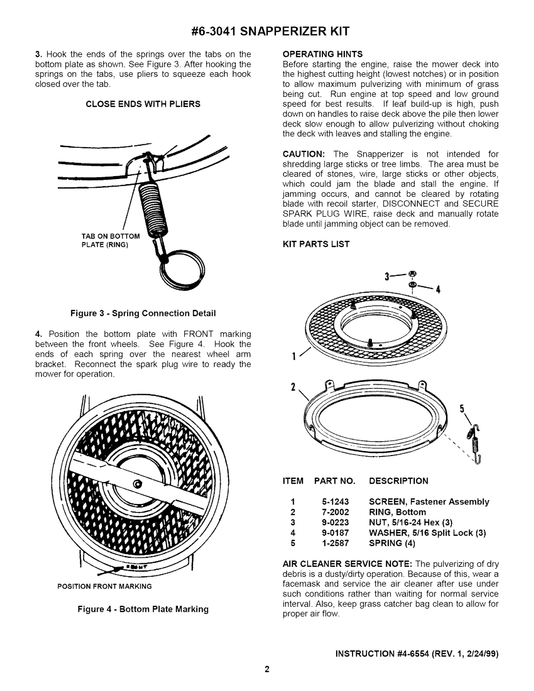 Sears manual #6-3041SNAPPERIZER KIT, Bottom Plate Marking 