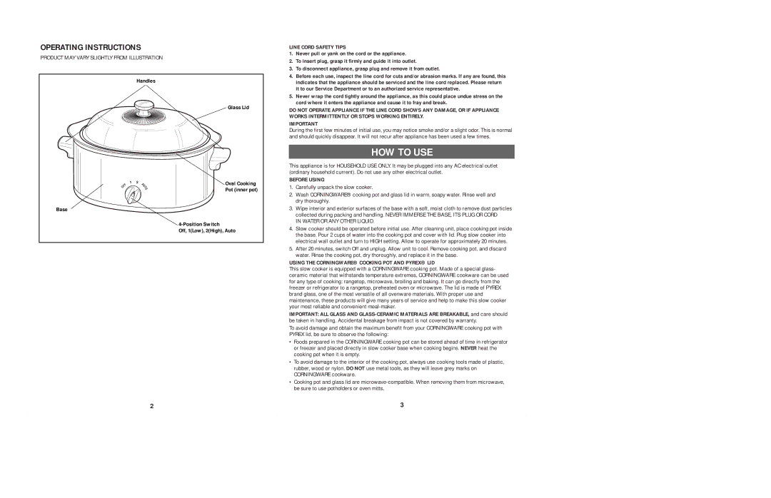 Sears 6-QUART OVAL SLOW COOKER manual HOW to USE, Operating Instructions, Line Cord Safety Tips, Before Using 