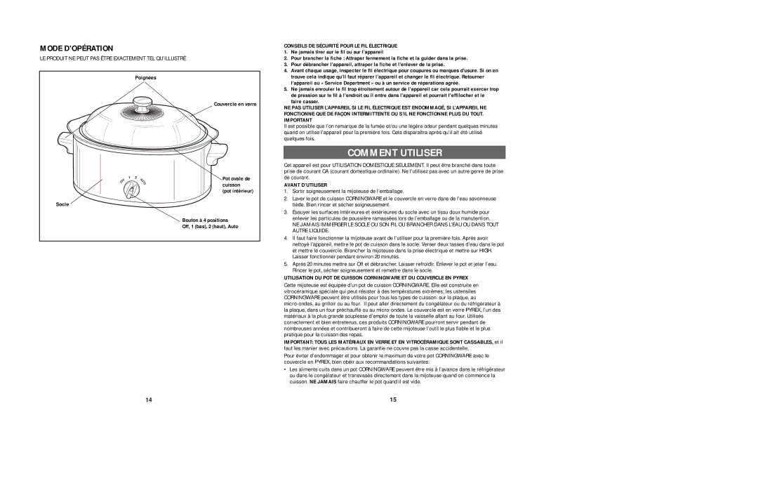 Sears 6-QUART OVAL SLOW COOKER manual Comment Utiliser, Mode Dopération, Conseils DE Sécurité Pour LE FIL Électrique 