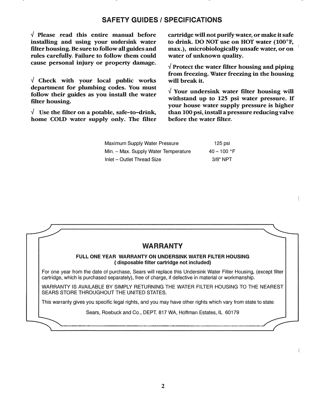 Sears 625.3438 operating instructions Safety Guides / Specifications, Warranty, Disposable filter cartridge not included 
