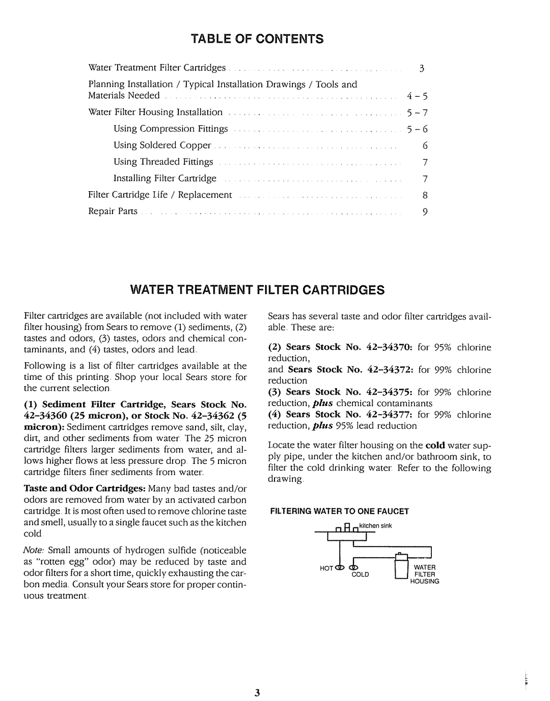 Sears 625.3438 operating instructions Contents, Water Treatment Filter Cartridges 