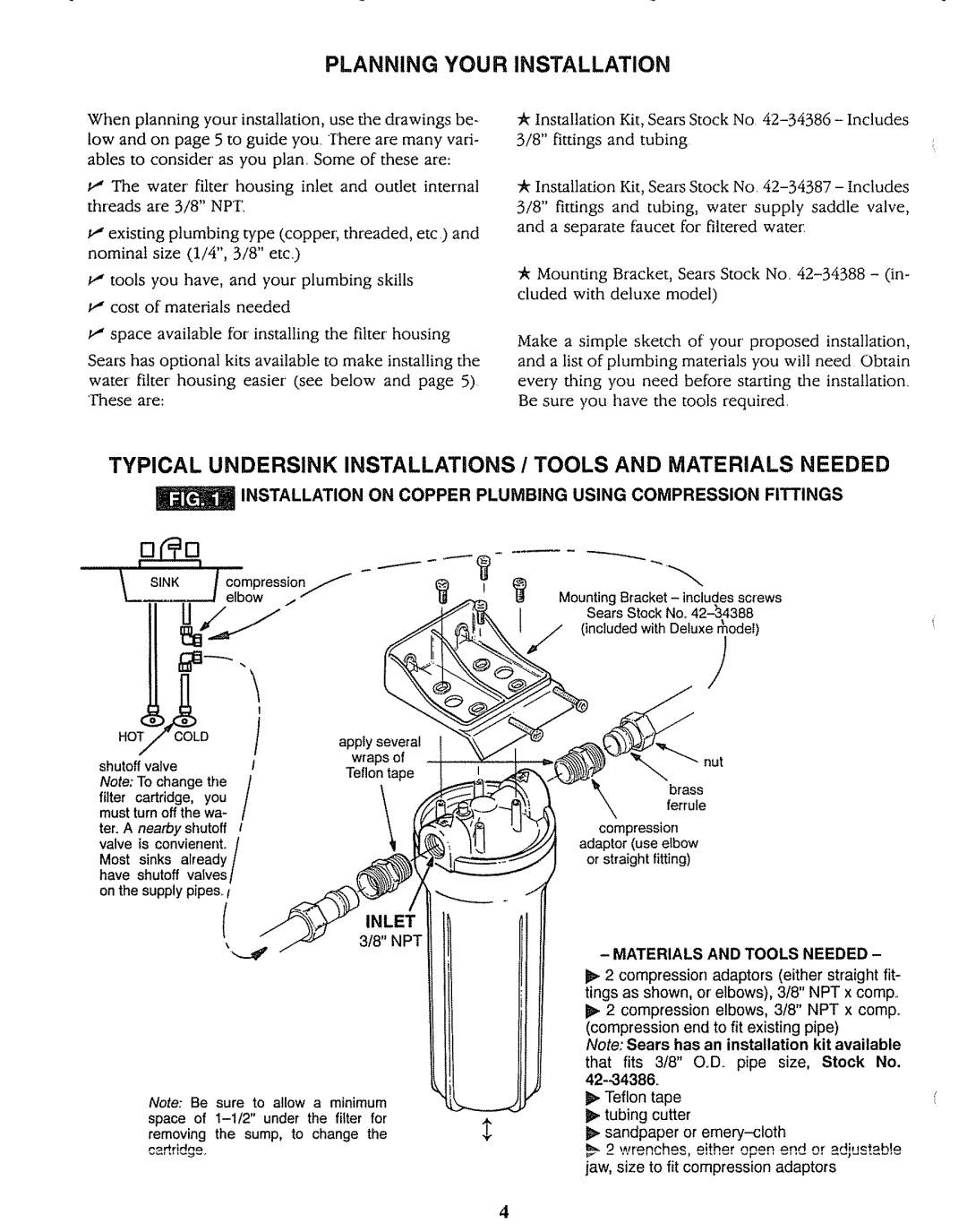 Sears 625.3438 operating instructions Installation on Copper Plumbing Using Compression Fittings, Inlet, Teflontiape, Npt 