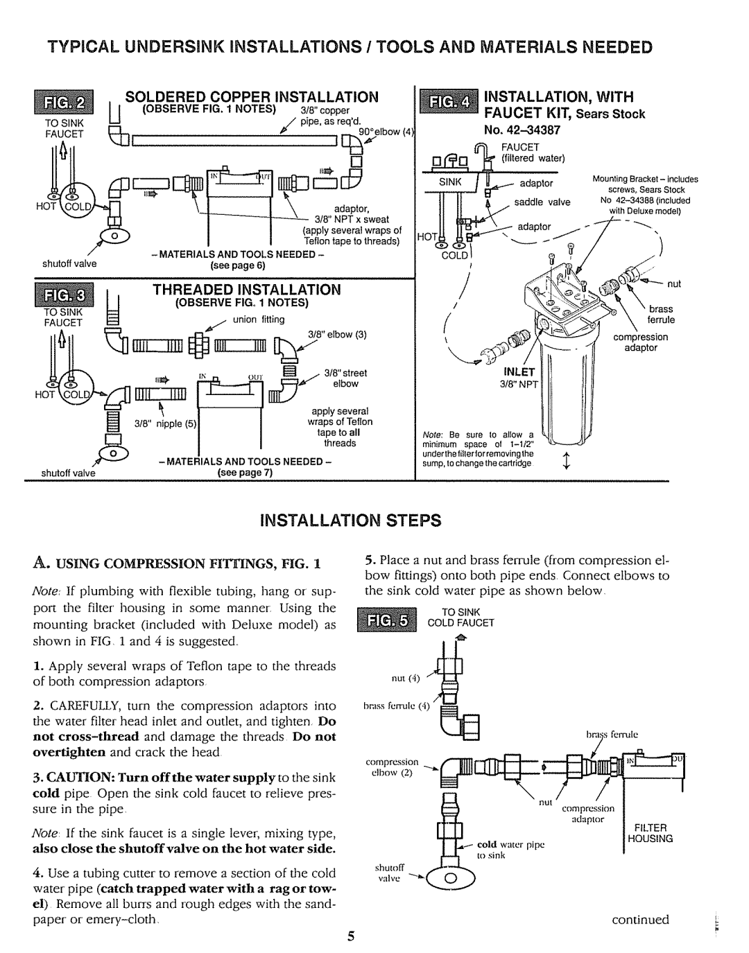 Sears 625.3438 Typical Undersink iNSTALLATiONS / Tools, Materials Needed, Installation, Steps, Threaded 