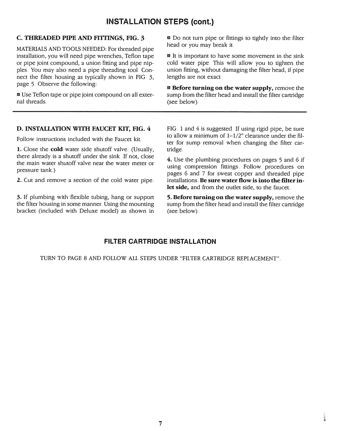 Sears 625.3438 operating instructions Installation Steps, Filter Cartridge Installation 