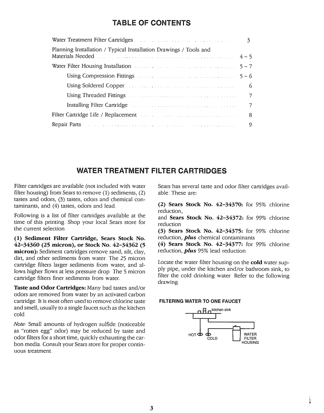 Sears 625.3438 operating instructions Of Contents, Water Treatment Filter Cartridges, reduction 