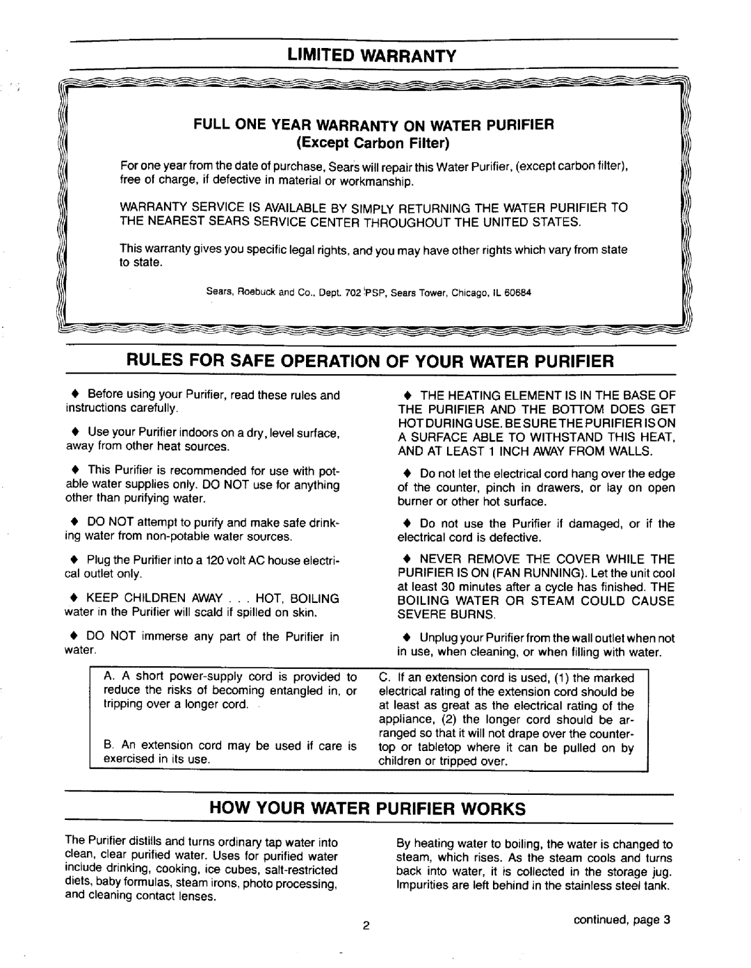 Sears 625.3444 Limited Warranty, Rules for Safe Operation of Your Water Purifier, HOW Your Water Purifier Works 