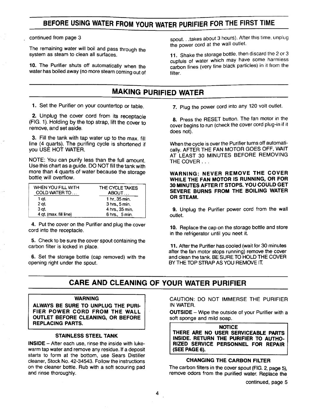 Sears 625.3444 owner manual Making Purified Water, Care and Cleaning of Your Water Purifier 