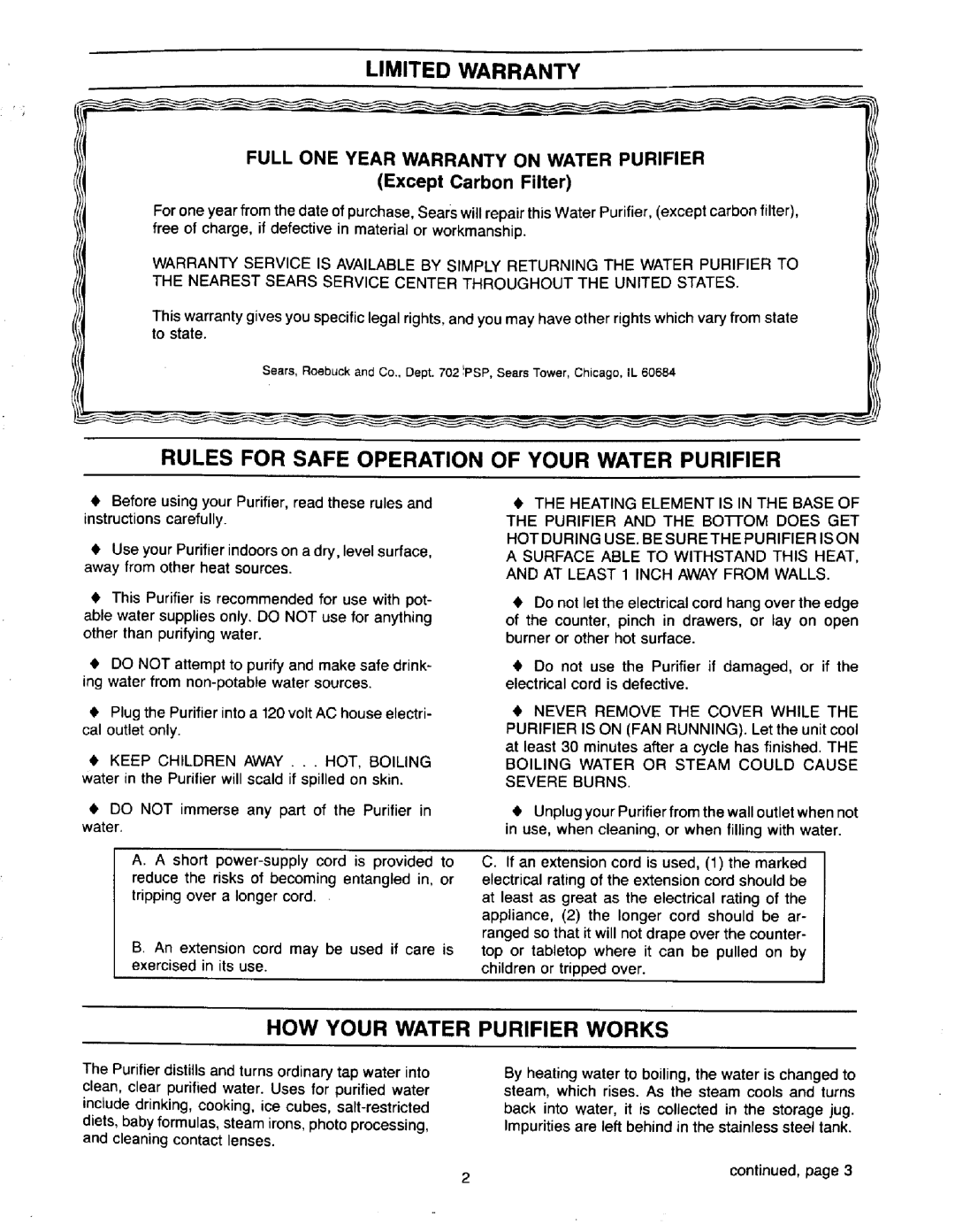 Sears 625.3444 Limited Warranty, Rules For Safe Operation Of Your Water Purifier, How Your Water Purifier Works 