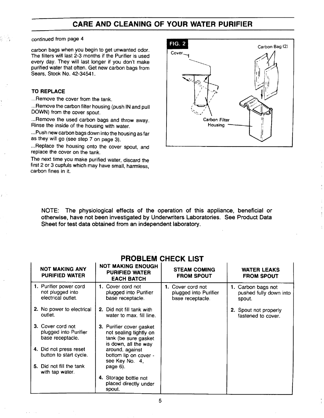 Sears 625.3444 owner manual Problem, Check List, Care And Cleaning Of Your Water Purifier 