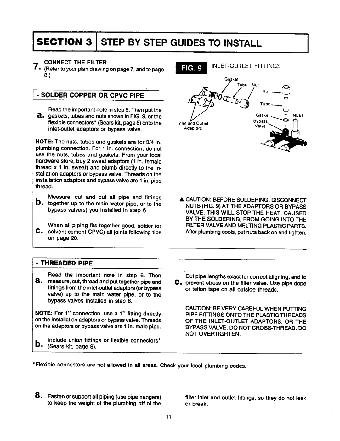 Sears 625.34823 specifications Solder Copper or Cpvc Pipe, Threaded Pipe, Connect the Filter, INLET-OUTLET Fittings 