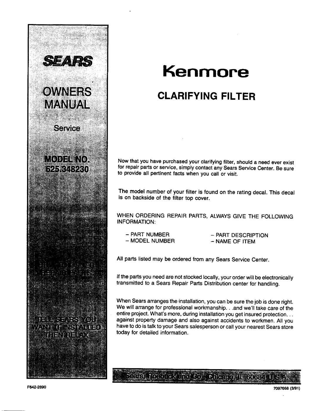 Sears 625.34823 specifications Part Number, Part Description, Model Number Name of Item 