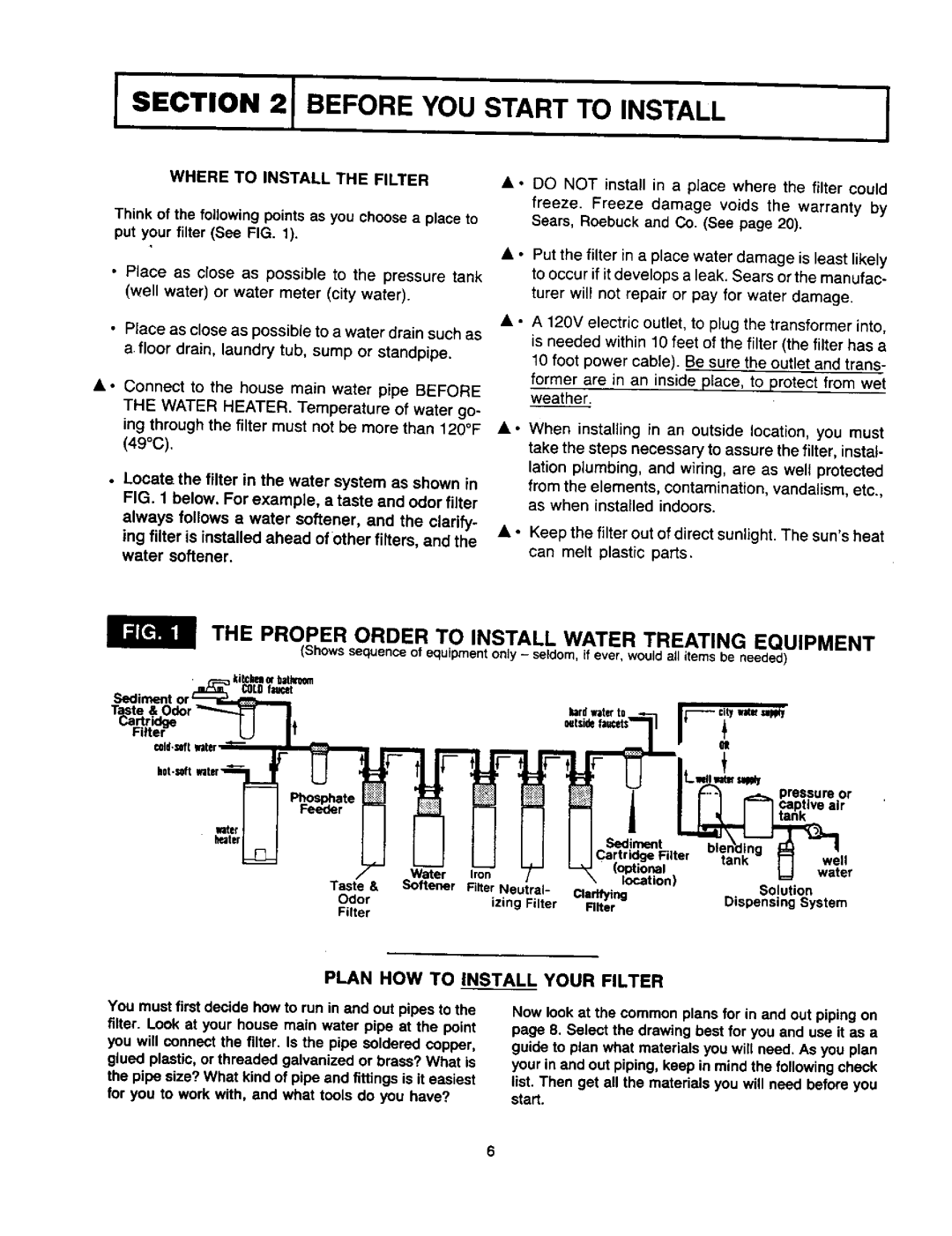 Sears 625.34823 Proper Order to Install Water Treating Equipment, Plan HOW to Install Your Filter, Cartridge, Phosphate 