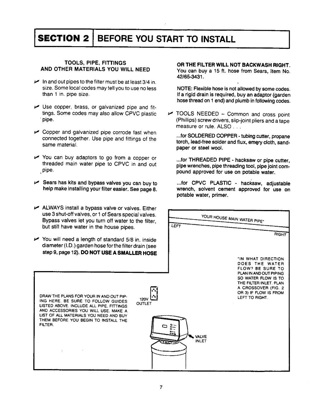 Sears 625.34823 specifications TOOLS, PIPE, Fittings Other Materials YOU will Need, Or the Filter will not Backwash Right 