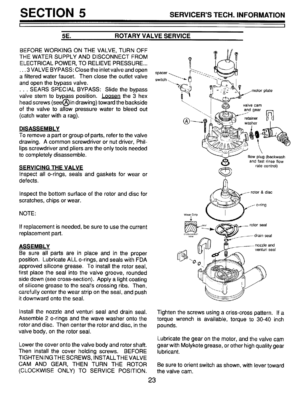 Sears 625.348234, 625.348251, 625.348241 owner manual Servicing the Valve, Rotary Valve Service, Disassembly, Assembly 