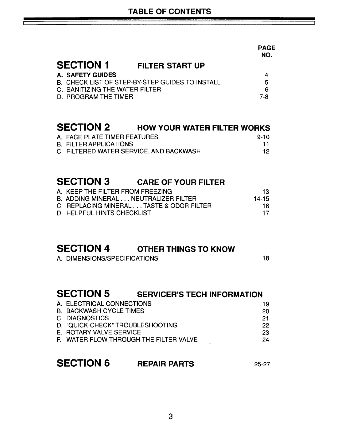 Sears 625.348251 Contents, Filter Start UP, HOW Your Water Filter Works, Care of Your Filter, Other Things to Know 