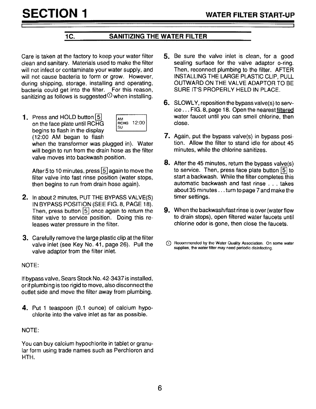 Sears 625.348251, 625.348241, 625.348234 owner manual Section, Sanitizing the Water Filter 