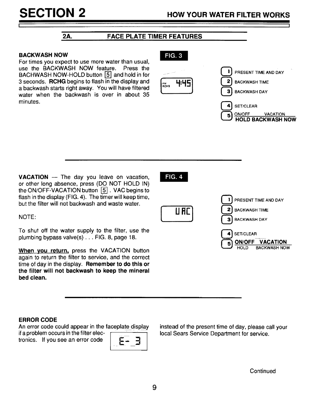 Sears 625.348251, 625.348241, 625.348234 owner manual Face Plate Timer Features, Hold Backwash NOW, Error Code 