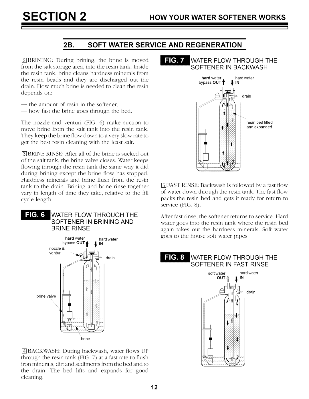 Sears 625.34842 owner manual 2B. Soft Water Service and Regeneration, Water Flow Through the Softener in Backwash 