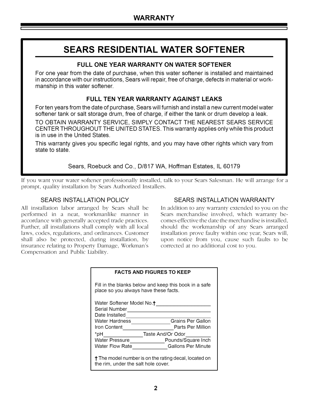 Sears 625.34842 owner manual Full ONE Year Warranty on Water Softener, Full TEN Year Warranty Against Leaks 