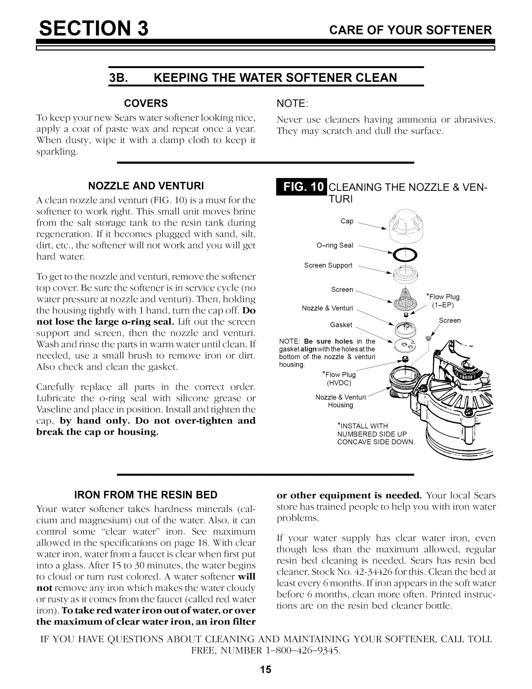 Sears 625.34842 owner manual Care of Your Softener 3B. Keeping the Water Softener Clean 