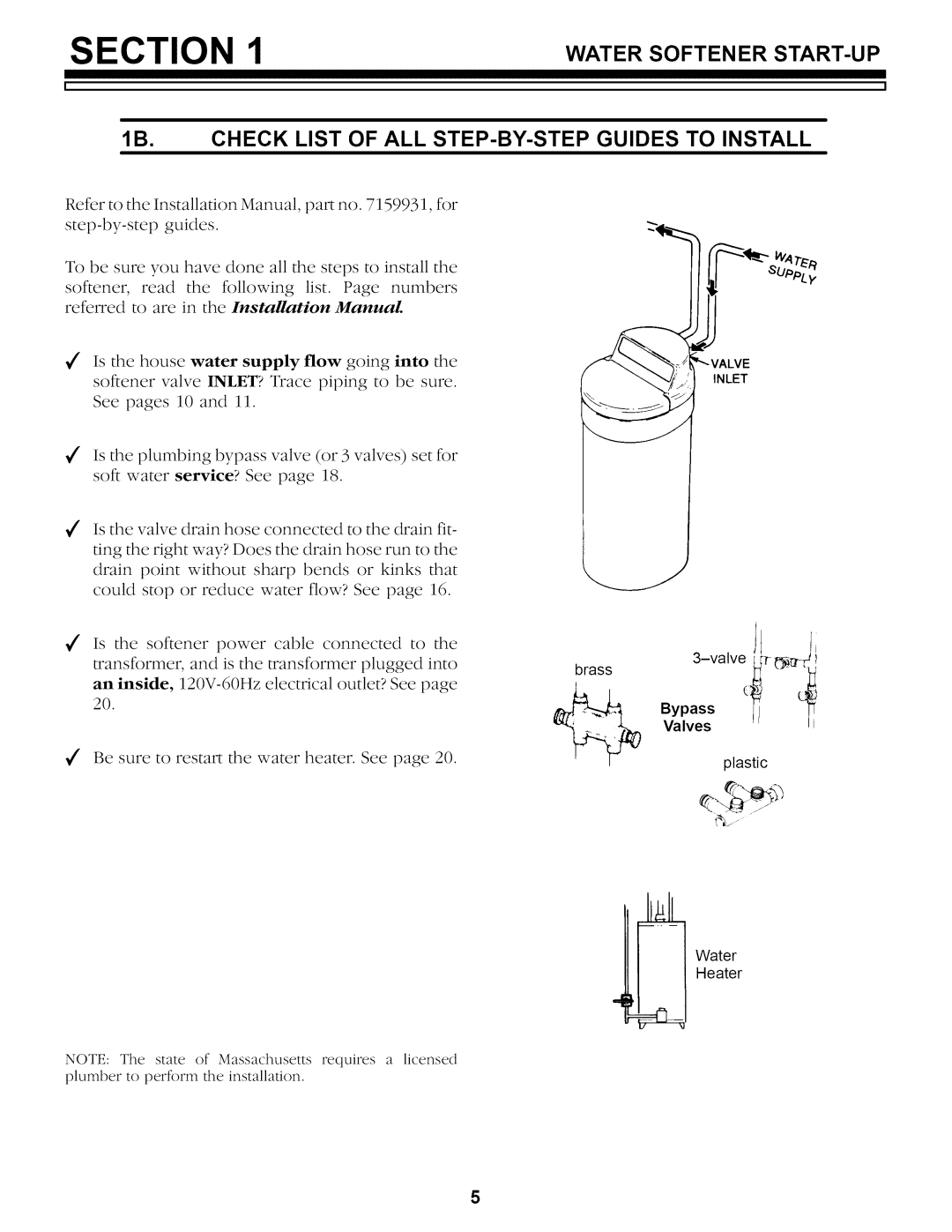 Sears 625.34842 owner manual Watersoftenerstart-Up, Check List of ALL STEP-BY-STEP Guides to Install 