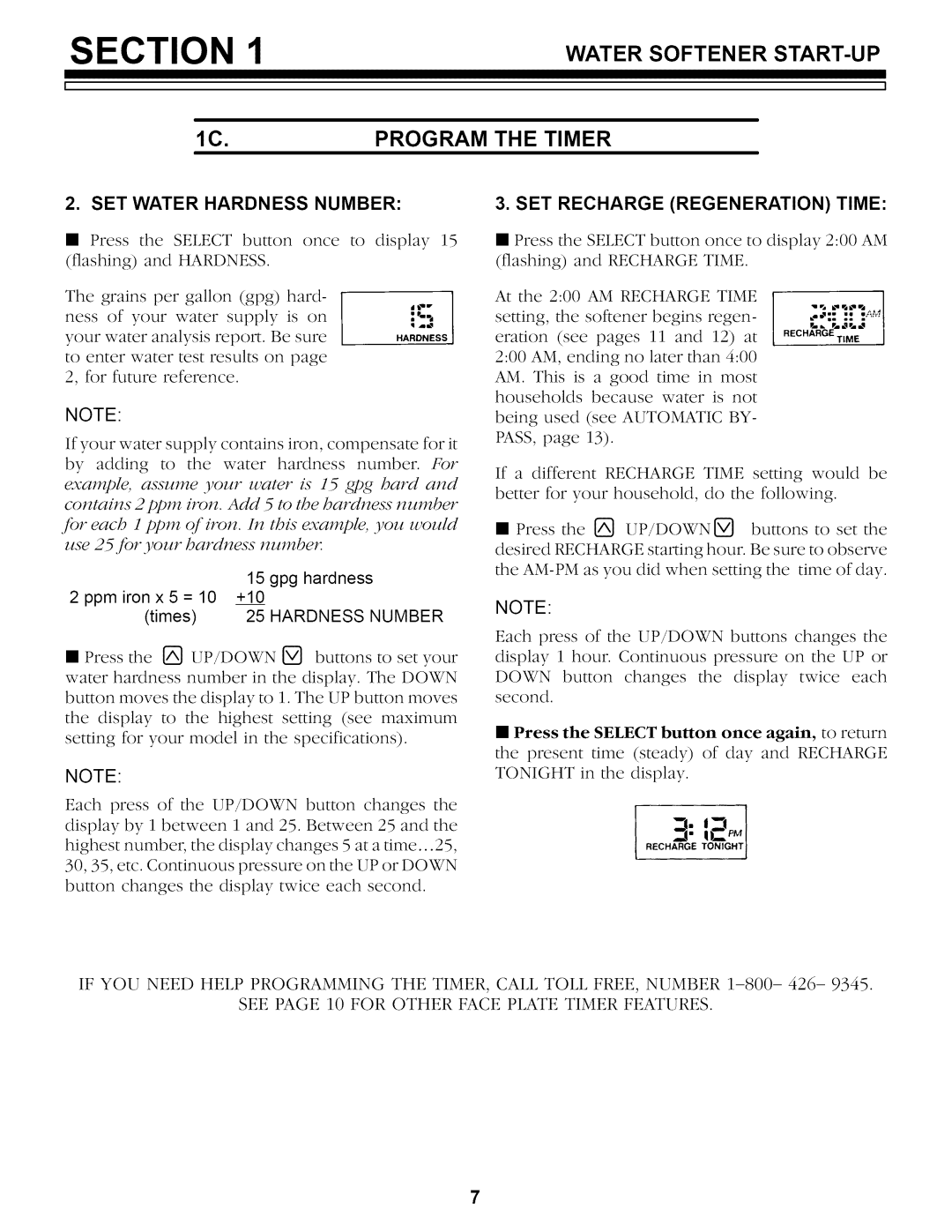 Sears 625.34842 owner manual SET Water Hardness Number, SET Recharge Regeneration Time 