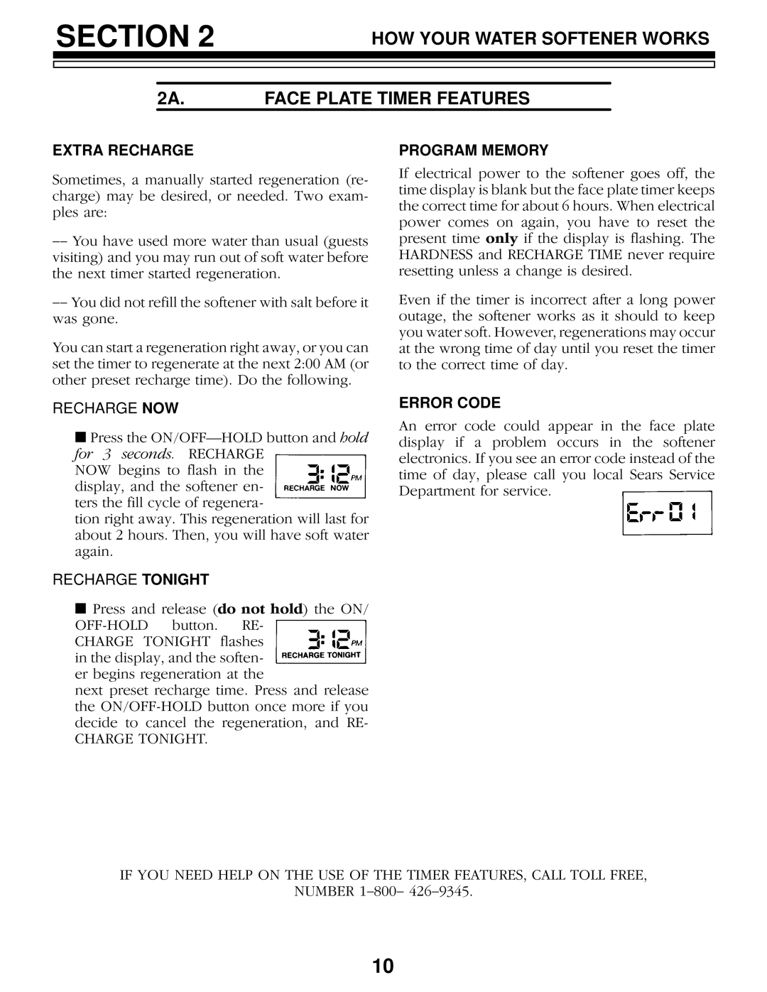 Sears 625.34844 HOW Your Water Softener Works 2A.FACE Plate Timer Features, Extra Recharge, Program Memory, Error Code 