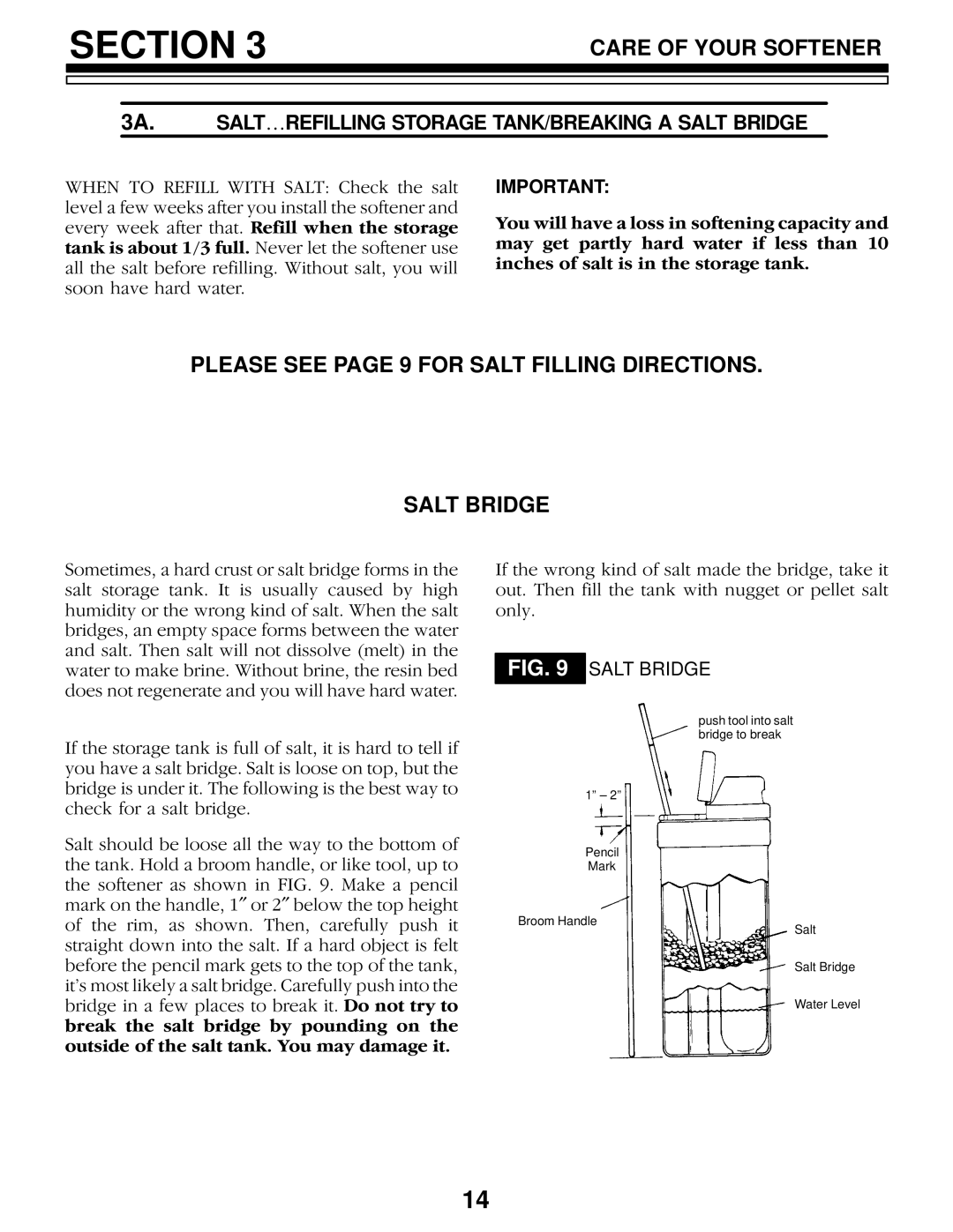 Sears 625.34844, 625.34845 owner manual Please see page 9 for Salt Filling Directions Salt Bridge 