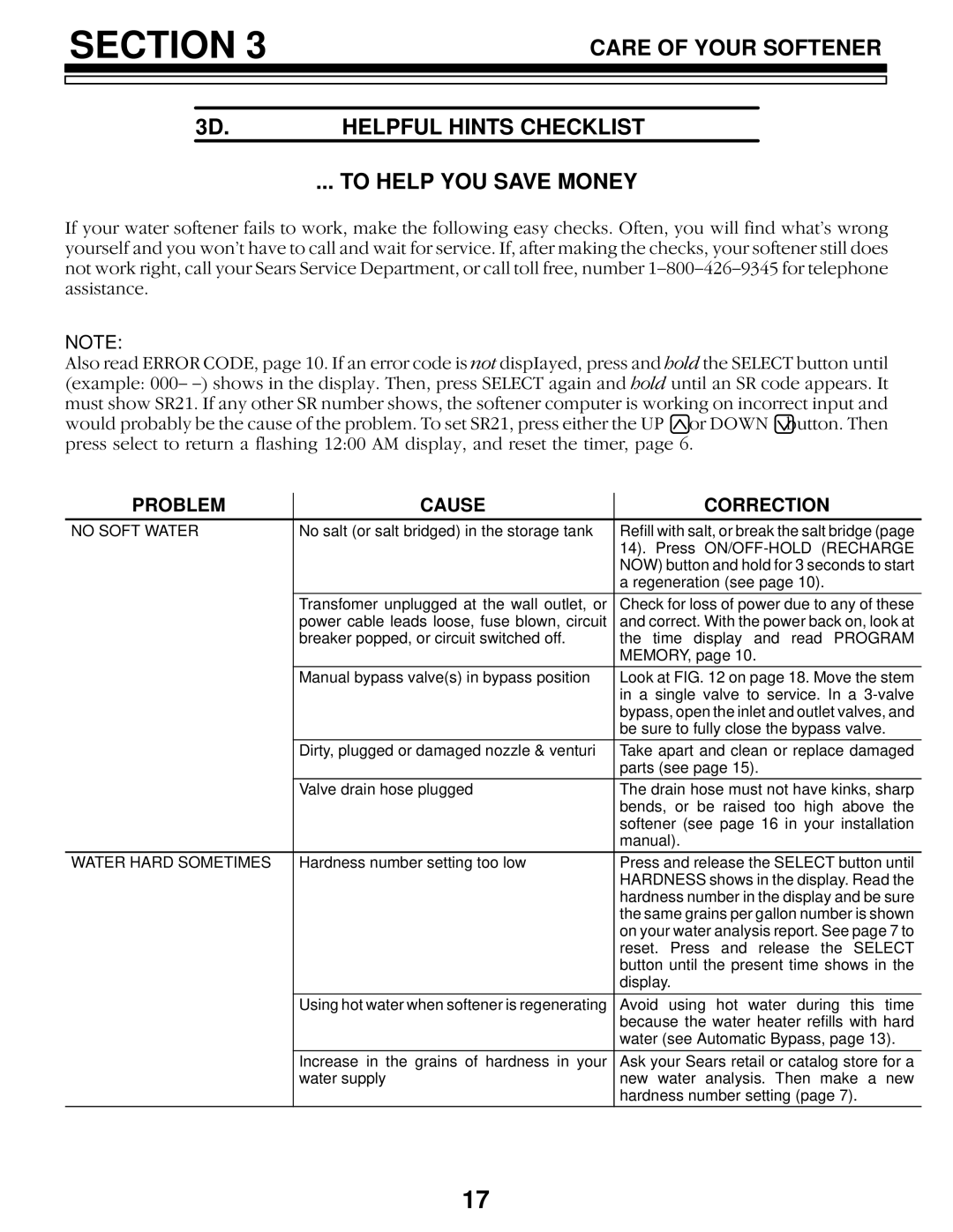 Sears 625.34845, 625.34844 owner manual Problem Cause Correction, No Soft Water 