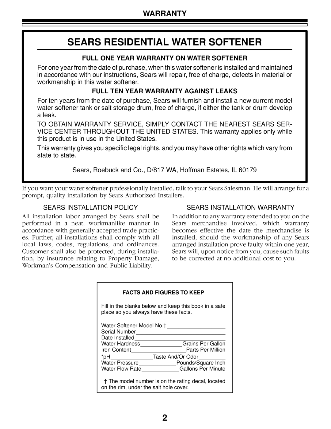 Sears 625.34844, 625.34845 owner manual Full ONE Year Warranty on Water Softener, Full TEN Year Warranty Against Leaks 