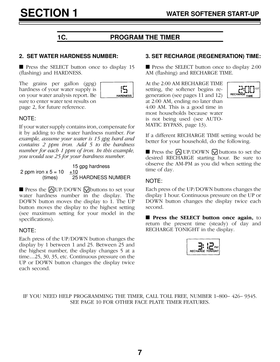 Sears 625.34845, 625.34844 owner manual SET Water Hardness Number, SET Recharge Regeneration Time 