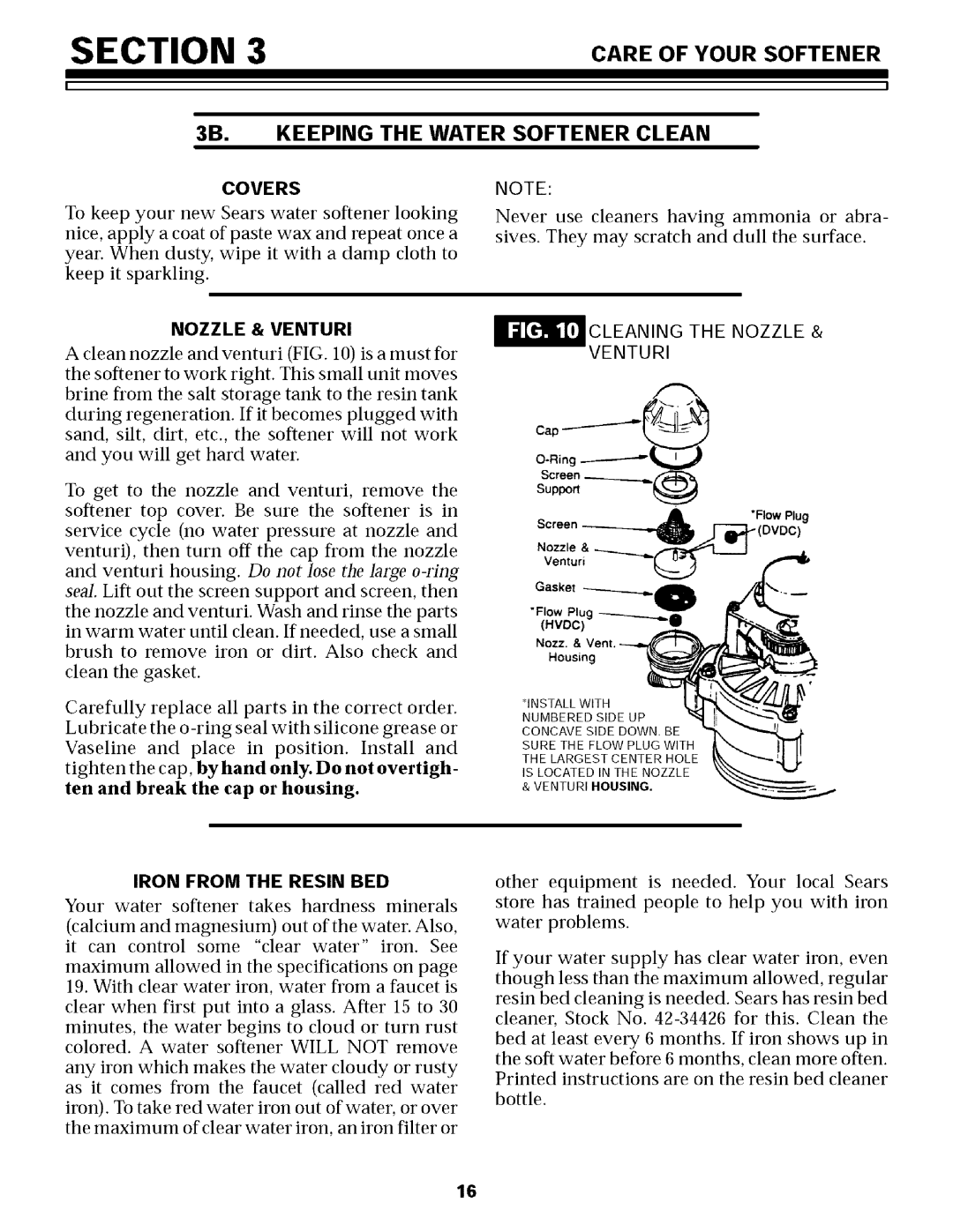 Sears 625.34854, 625.34855 owner manual Care of Your Softener 3B. Keeping the Water Softener Clean, Covers, Nozzle & Venturi 