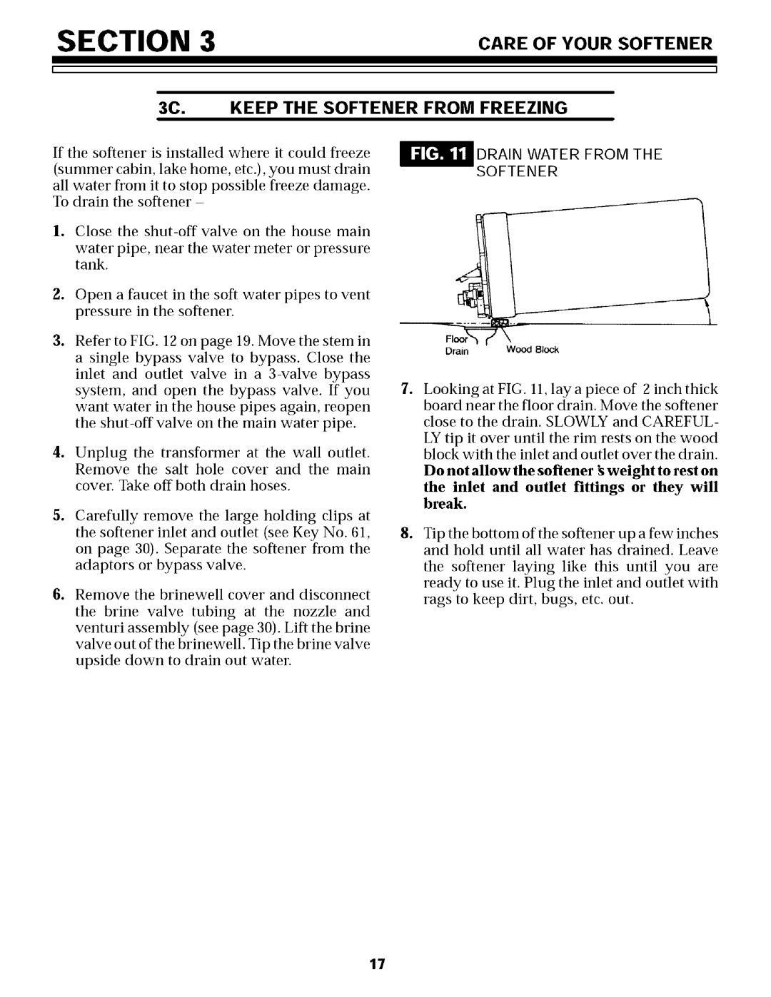 Sears 625.34855, 625.34854 Care of Your Softener 3C. Keep the Softener from Freezing, Ill Drain Water from the Softener 