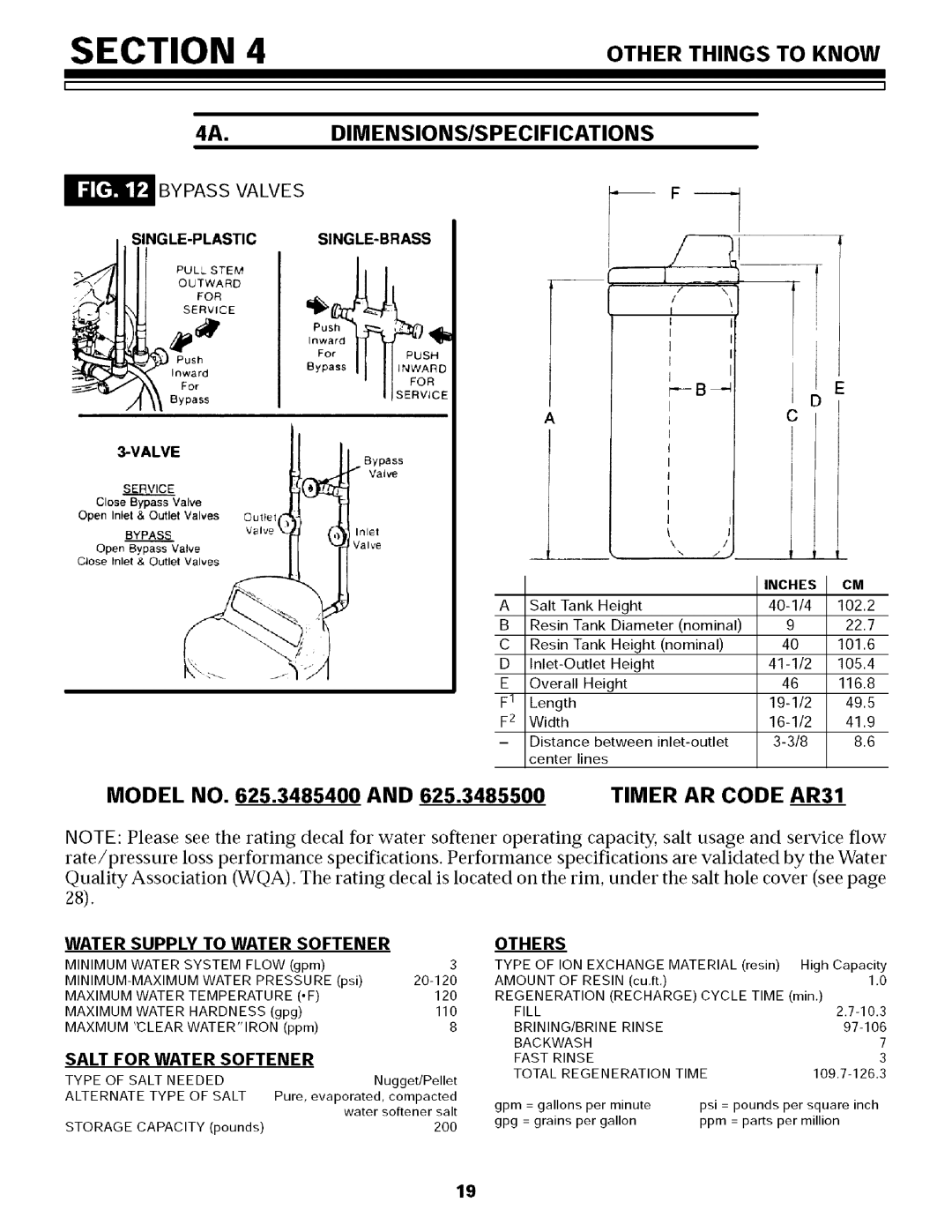 Sears 625.34855, 625.34854 owner manual Other Things to Know DIMENSIONS/SPECIFICATIONS, Timer AR Code AR31, Bypass Valves 
