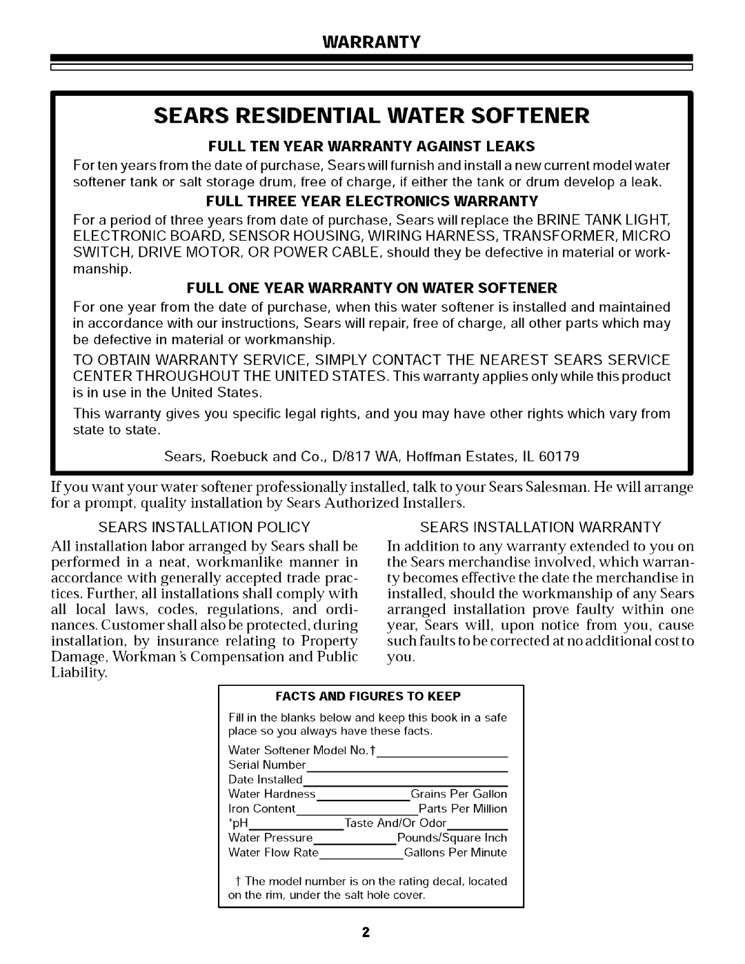 Sears 625.34854, 625.34855 owner manual Sears Installation Policy Sears Installation Warranty 