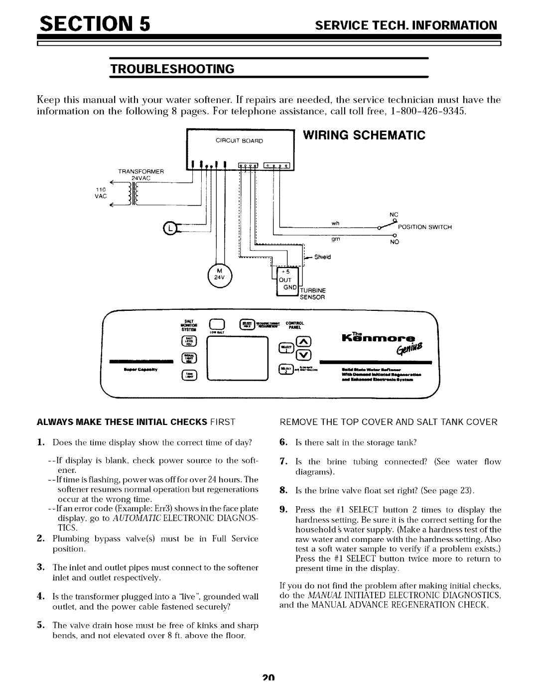 Sears 625.34854 Troubleshooting, Service TECH. Information, Wiring Schematic, Always Make These Initial Checks First 
