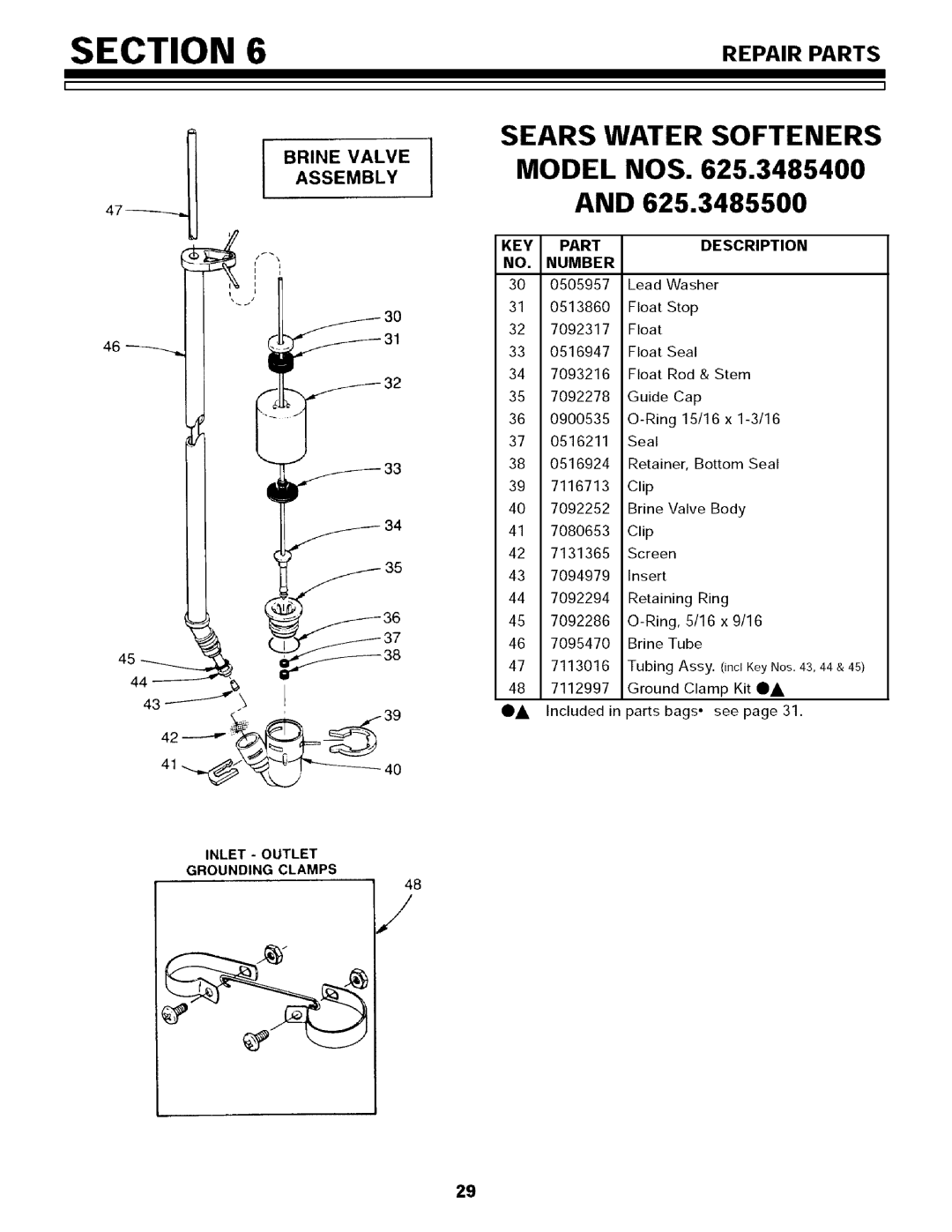 Sears 625.34855, 625.34854 owner manual Brine Valve Assembly, 32 7092317 Float 