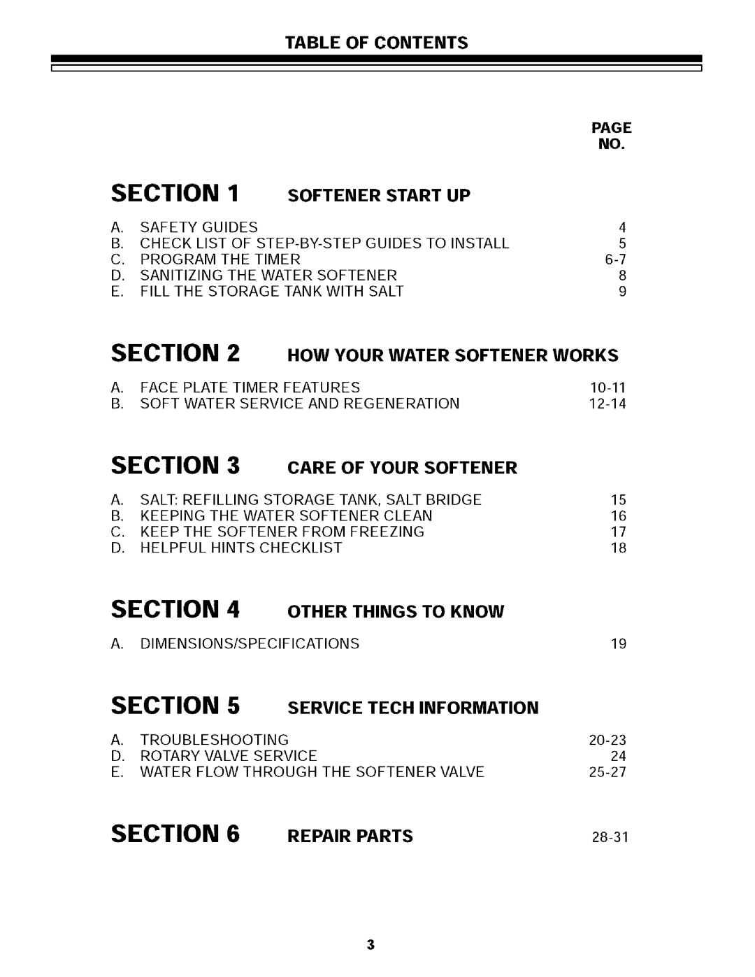Sears 625.34855 Table of Contents, Softener Start UP, HOW Your Water Softener Works, Care Your Softener, Repair Parts 