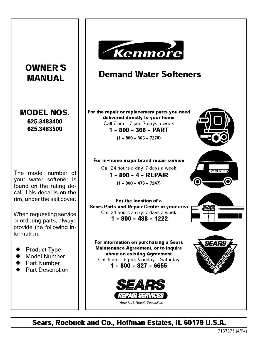 Sears 625.34854, 625.34855 owner manual Sears 
